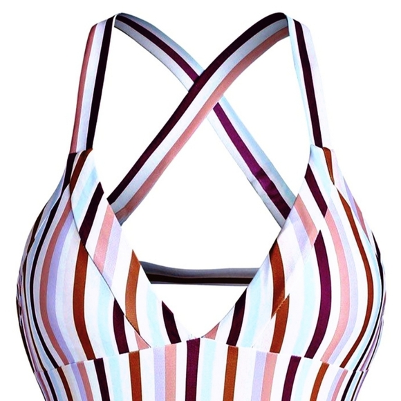 Striped ✦ Criss-Cross One Piece Swimsuit ✦ Scoop Neck + Padded Open Back S NWT - Picture 4 of 11